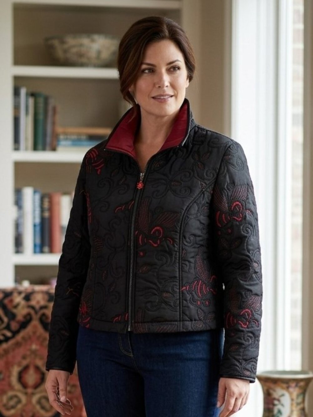 Embroidered Moto Jacket Black Red Size 14